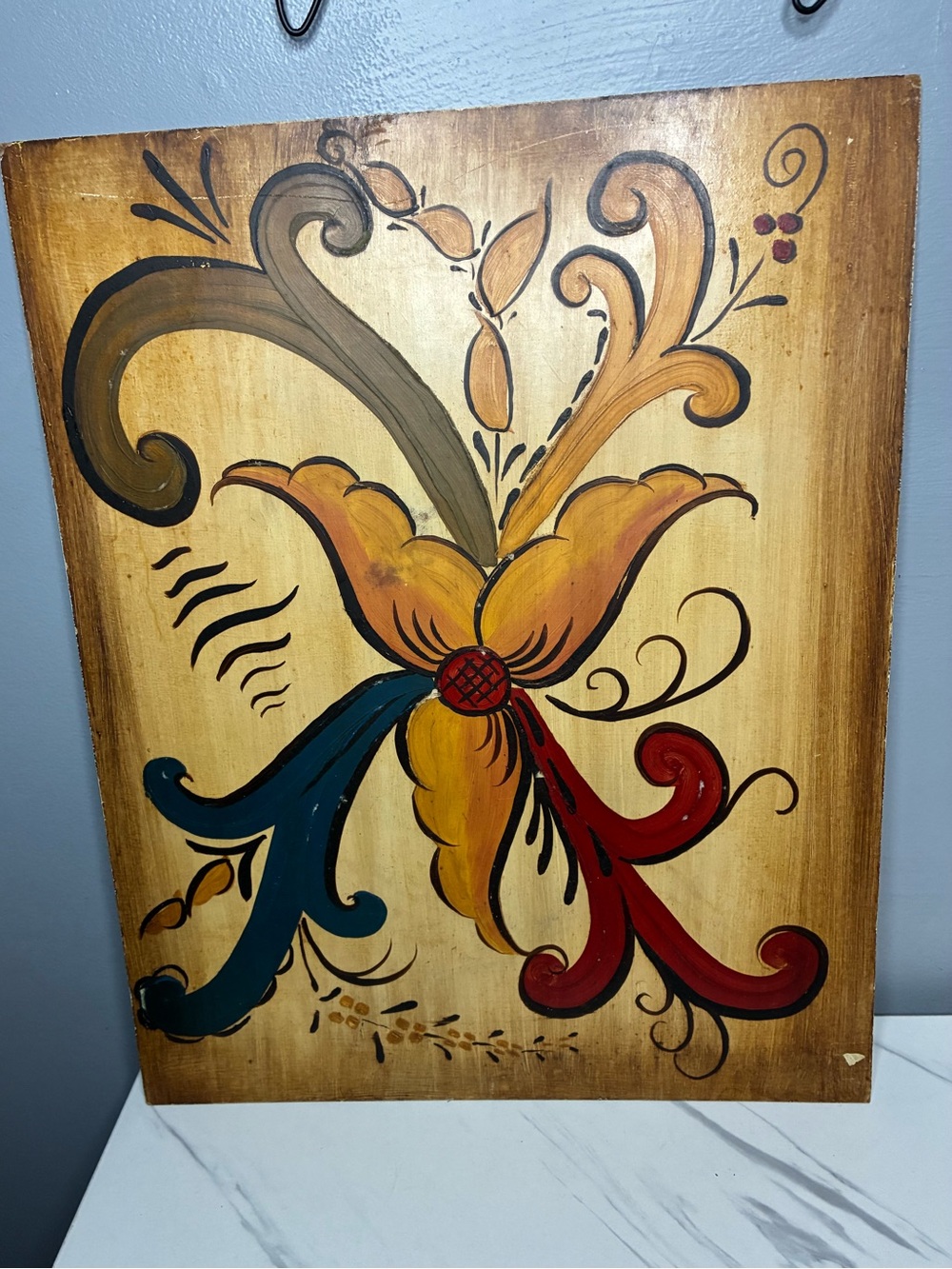 Vintage Hand Painted Folk Art Floral Wood Wall Panel MCM Boho Decor